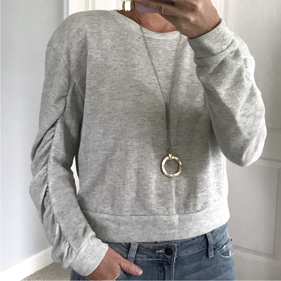 Grey Cropped, Ruched Sleeve Top - Picture 2 of 6